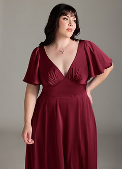 Azazie Kimber Bridesmaid Dresses Burgundy A-Line Ruched Stretch Satin Dress image5