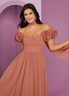 Barbie ♥ Azazie Suknie dla druhen Rozkloszowana sukienka z odkrytymi ramionami, falbaną i rozetkami image4