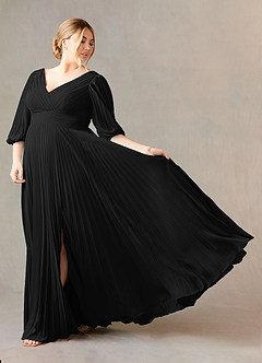 Azazie Zahara Mère de la mariée Robes Robe Trapèze en Mousseline de soie Col V plissé Noir image9