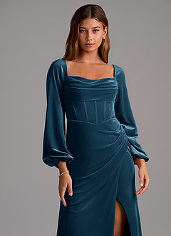 Azazie Charissa Jurken voor bruidsmeisjes Jurk van flueel met Kolom Lange mouw Blauwe Topaas image6