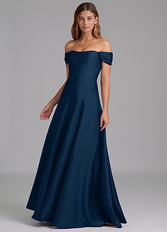 Azazie Seriana Bridesmaid Dresses Dark Navy A-Line Off the Shoulder Stretch Satin Convertible Dress image3