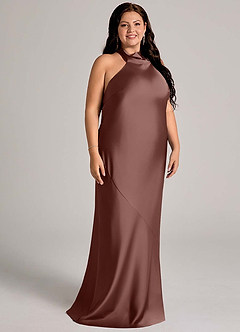 Azazie Velli Vestidos de damas de honor Vestido de Expresado de Satén Elástico de Corte Sirena con Cuello Alto image9