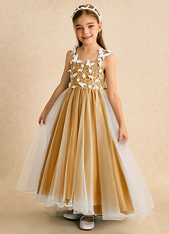 Azazie Darlina Flower Girl Dresses Ivory Butterscotch Ball-Gown Lace Tulle Dress image9