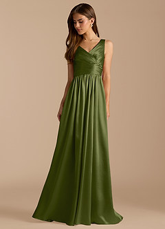 Azazie Keyla Bridesmaid Dresses Olive A-Line Pleated Metallic Satin Dress image3
