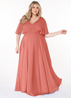Azazie Pamela Bridesmaid Dresses Salmon Pink A-Line V-Neck Pleated Chiffon Dress image8