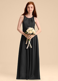 Azazie Bibiane Junior Jurk van Stretch Satijn met A-Lijn Geplooid Zwart image4