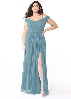 Azazie Audrianna Jurken voor bruidsmeisjes Converteerbaar Jurk van Chiffon met A-Lijn Off-the-shoulder verzameld Mystiek Blauw image7