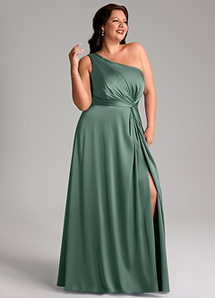 Azazie Brooke Brautjungfernkleider A-Linie One-Shoulder Stretch-Satin Kleid Eukalyptus image11