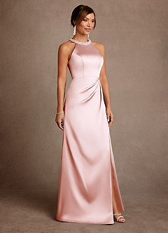 Azazie Lawrence Mother of the Bride Dresses Blushing Pink A-Line Pleated Stretch Satin Dress image4