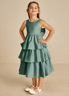 Azazie Margery Flower Girl Dresses Eucalyptus A-Line Bow Stretch Satin Dress image3