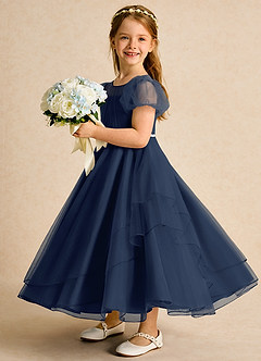 Azazie Duckie Flower Girl Dresses Dark Navy Ball-Gown Pleated Tulle Dress image4