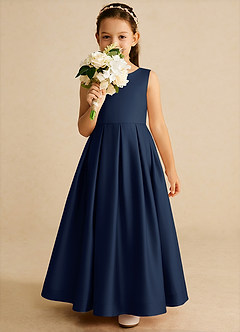 Azazie Cailee Robe Demoiselle D'honneur Fillette Robe Princesse en Mat Satiné Plissée Bleu Marine Foncé image3