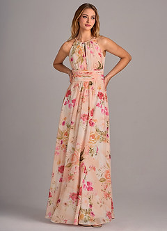 Azazie Bonnie Robes de demoiselle d'honneur Robe Trapèze en Mousseline de soie Trou de serrure froncé Bouquet Florale Abstrait image5