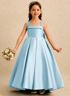 Azazie Genie Flower Girl Dresses Sky Blue Ball-Gown Off the Shoulder Matte Satin Dress image3