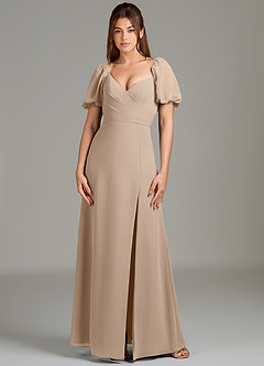 Azazie Phylicia Bridesmaid Dresses Taupe A-Line Bow Chiffon Dress image2