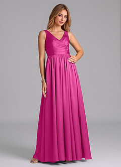 Azazie Keyla Bridesmaid Dresses Fuchsia A-Line Pleated Stretch Satin Dress image5