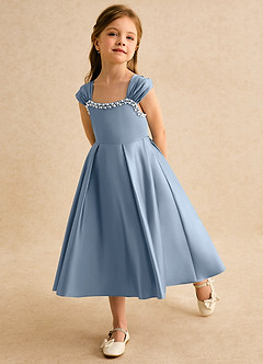 Azazie Yosemite Jurken voor bloemenmeisjes Baljurk Jurk van Mat Satijn Sweetheart Halslijn Stoffig Blauw image6