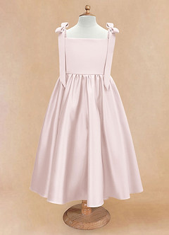 Azazie Chelsie Flower Girl Dresses Blushing Pink A-Line Bow Matte Satin Dress image5