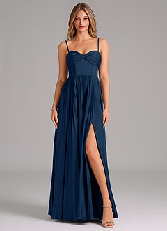 Azazie Tyla Bridesmaid Dresses Dark Navy A-Line Sweetheart Neckline Stretch Satin Dress image1