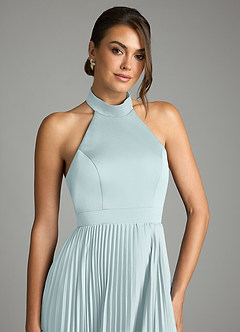 Azazie Zienna 신부 들러리 드레스 A라인 주름진 스트레치 새틴 바닥 길이 드레스 image5