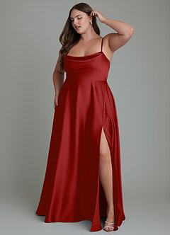 Azazie Elle Bridesmaid Dresses Pomegranate A-Line Pleated Stretch Satin Dress image11