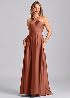 Azazie Dixie 신부 들러리 드레스 A라인 주름진 스트레치 새틴 바닥 길이 드레스 image4