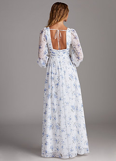 Azazie Norah Bridesmaid Dresses Blue Cottage Floral A-Line V-Neck Long Sleeve Chiffon Dress image2