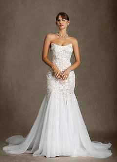Azazie Harmony Wedding Dresses Diamond White Champagne Mermaid Strapless Tulle Dress image7