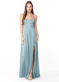 Azazie Halsey Bridesmaid Dresses Moody Blue Sheath Side Slit Stretch Satin Dress image1
