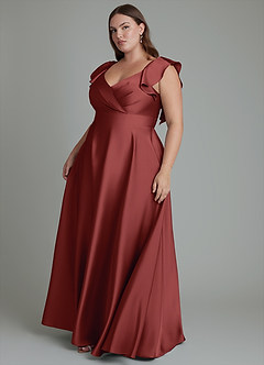 Azazie Leilani Robes de demoiselle d'honneur Robe Trapèze en Satin extensible Drapé Terracotta image6