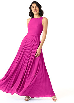 Azazie Lindie Bridesmaid Dresses Fuchsia A-Line Scoop Pleated Chiffon Dress image3
