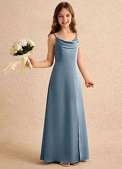 Azazie Shira Girls Formal Flower Girl Dresses Dusty Blue A-Line Pleated Stretch Satin Dress image4