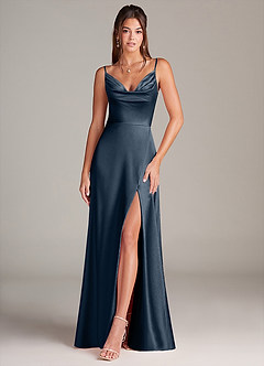 Azazie Sarella Brautjungfernkleider A-Linie mit Taschen Metallischer Satin Kleid Dunkelmarine image1
