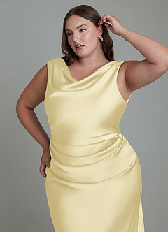 Azazie Kieryn Bridesmaid Dresses Lemon Sorbet Mermaid Pleated Stretch Satin Dress image12