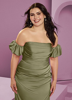 Barbie ♥ Azazie Bridesmaid Dresses Pistachio Sheath Off the Shoulder Stretch Satin Convertible Dress image15
