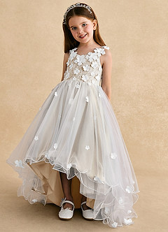 Azazie Celia Flower Girl Dresses Champagne A-Line Lace Tulle Dress image6