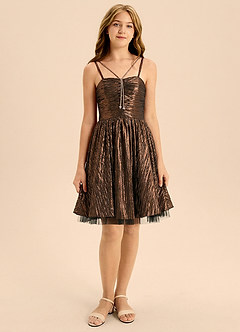 Azazie Jolie Junior Formal Linia A Marszczony Metaliczny satynowy Mini Młodsza druhna Sukienka image3