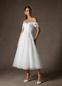 Azazie Rowe At-home Try On Dresses Diamond White A-Line Off the Shoulder Lace Dress image4