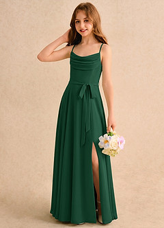 Azazie Jasslyn Girls Formal Robe Demoiselle D'honneur Fillette Robe Trapèze en Mousseline de soie Plissé Vert Foncé image3