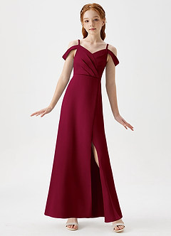 Azazie Ocean Junior Burgundy A-Line Off the Shoulder Stretch Satin Dress image1