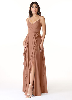 Azazie Peyton Robes de demoiselle d'honneur Robe Trapèze en Mousseline de soie Rayé Bronze image1