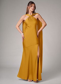 Azazie Kinsley Robes de demoiselle d'honneur Robe Sirène en Satin extensible Fente Latérale Caramel écossais image5