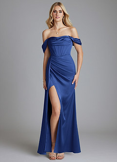 Azazie Amyra Bridesmaid Dresses Royal Blue Mermaid Off the Shoulder Stretch Satin Convertible Dress image9