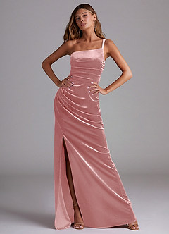Azazie Eren Bridesmaid Dresses Dusty Rose Sheath One Shoulder Velvet Dress image4