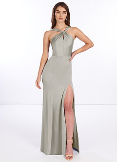 Azazie Elana Final Sale Agave Mermaid Side Slit Stretch Satin Dress image2