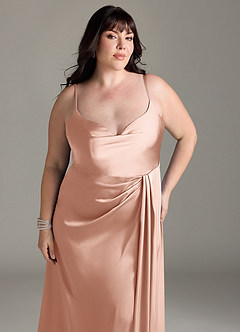 Azazie Brielle Bridesmaid Dresses Rose Gold A-Line Cowl Spaghetti Straps Stretch Satin Dress image11