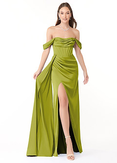 Azazie Amyra Jurken voor bruidsmeisjes Converteerbaar Jurk van Stretch Satijn met Zeemeermin Off the Shoulder Citroengras image1