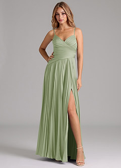 Azazie Vini Bridesmaid Dresses Dusty Sage A-Line Pleated Stretch Satin Dress image3