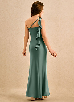 Azazie Almond Girls Formal Jurken voor bloemenmeisjes Kokerjurk Jurk van Stretch Satijn One-shoulder Eucalyptus image1