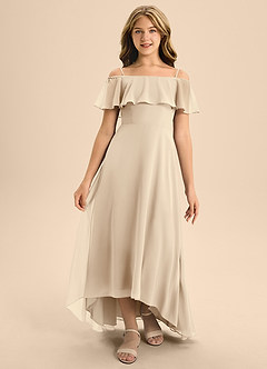 Azazie Maggie Junior Champagne A-Line Off the Shoulder Chiffon Dress image5